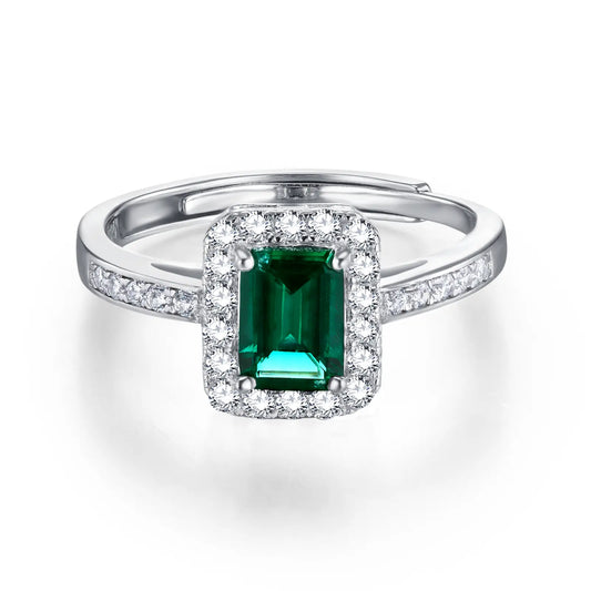 0.85 Ct Rectangle Lab Emerald Ring | Rhodium-Plated S925 Silver, Custom Available