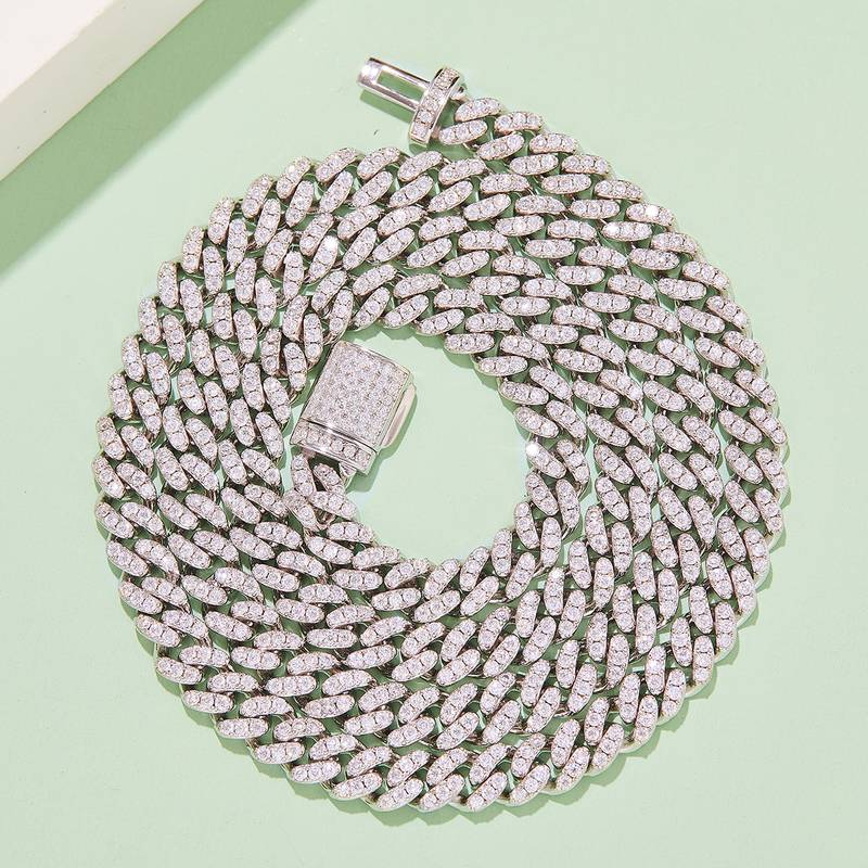 6mm width Mossanite Cuban Chain Bracelet Necklace|18K White Gold-Plated S925 Silver, Custom Available