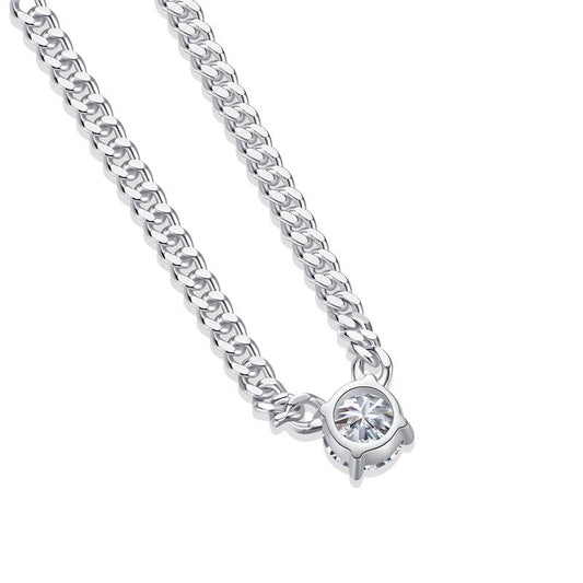 1 Ct Round Mossanite Cuban Chain Necklace |18K White Gold-Plated S925 Silver, Custom Available