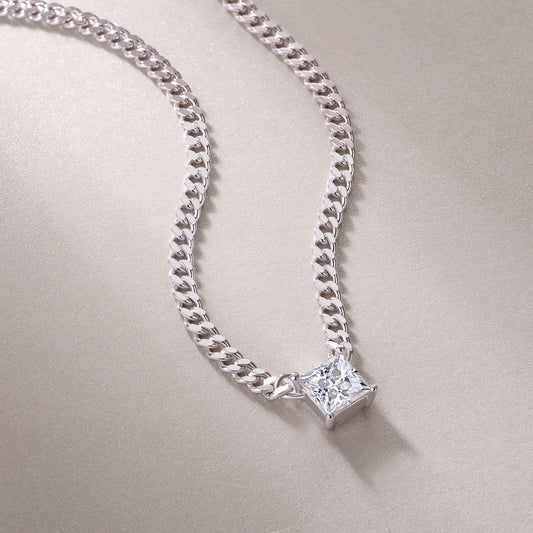 1 Ct Princess Cut Square Mossanite Necklace |18K White Gold-Plated S925 Silver, Custom Available