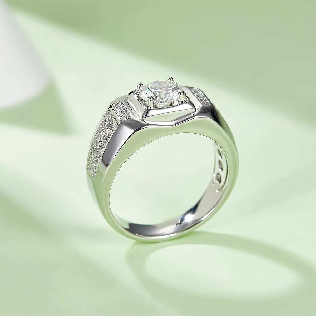 1.0Ct 6.5MM Round Mossanite Men Ring |18K White Gold-Plated S925 Silver, Custom Available