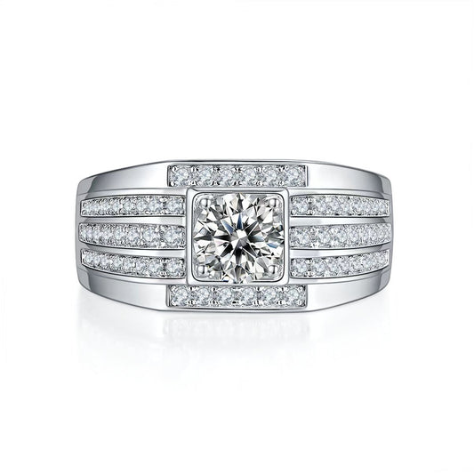 1.0Ct 6.5MM Round Mossanite Men Ring |18K White Gold-Plated S925 Silver, Custom Available