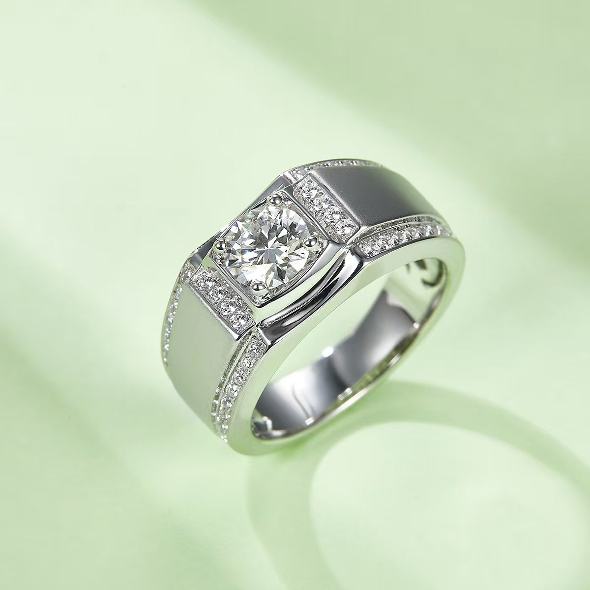 1.0Ct 6.5MM Round Mossanite Men Ring |18K White Gold-Plated S925 Silver, Custom Available