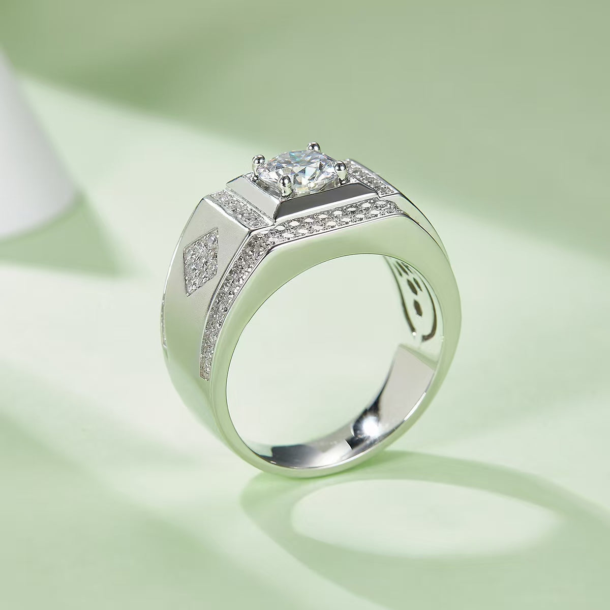1.0Ct 6.5MM Round Mossanite Men Ring |18K White Gold-Plated S925 Silver, Custom Available