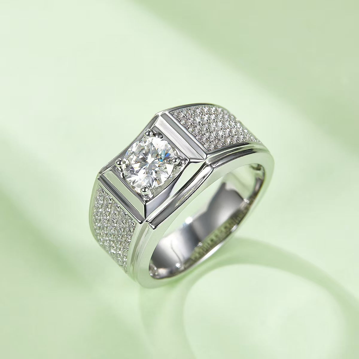 1.0Ct 6.5MM Round Mossanite Men Ring |18K White Gold-Plated S925 Silver, Custom Available