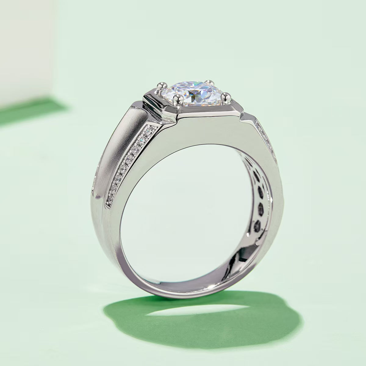 2.0Ct 8MM Round Mossanite Men Ring |18K White Gold-Plated S925 Silver, Custom Available
