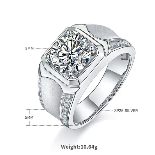 3.0Ct 9MM Round Mossanite Men Ring |18K White Gold-Plated S925 Silver, Custom Available
