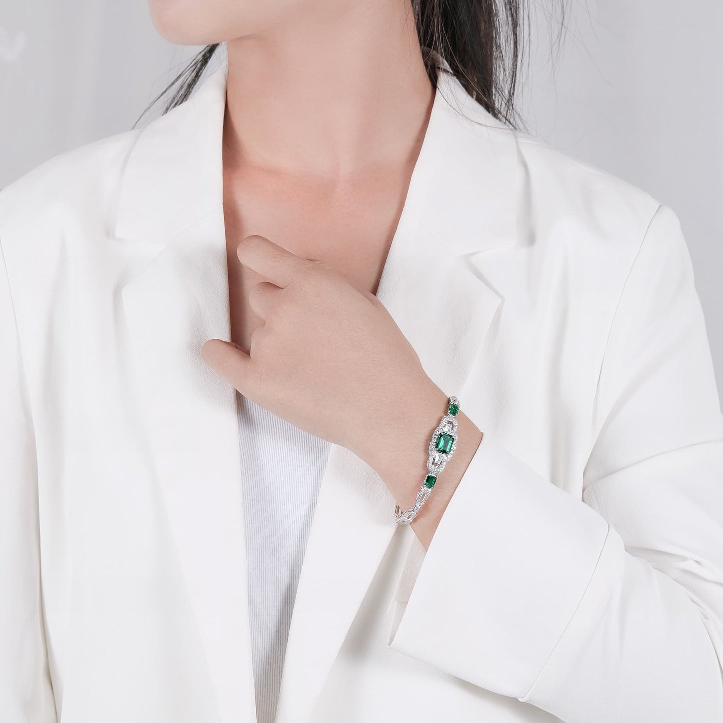3.75 Ct Emerald Cut Lab Emerald Bracelet| Rhodium-Plated S925 Silver, Custom Available