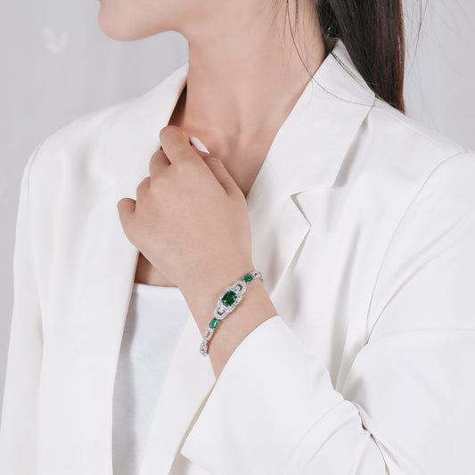 3.75 Ct Emerald Cut Lab Emerald Bracelet| Rhodium-Plated S925 Silver, Custom Available