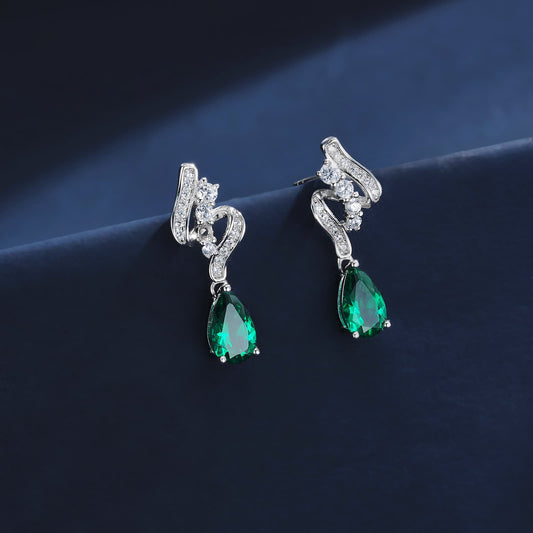 1.52 Ct Pear Shaped Lab Emerald Earrings| Rhodium-Plated S925 Silver, Custom Available