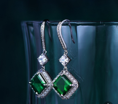 3.9 Ct Square Lab Emerald Earrings| Rhodium-Plated S925 Silver, Custom Available