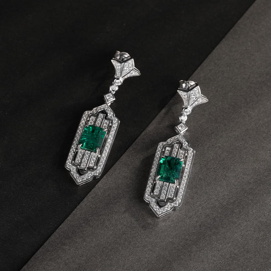 3.65 Ct Rectangular Lab Emerald Earrings| Rhodium-Plated S925 Silver, Custom Available