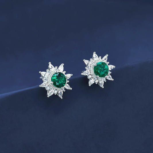 5*5MM 0.9 Ct Round Lab Emerald Earrings| Rhodium-Plated S925 Silver, Custom Available