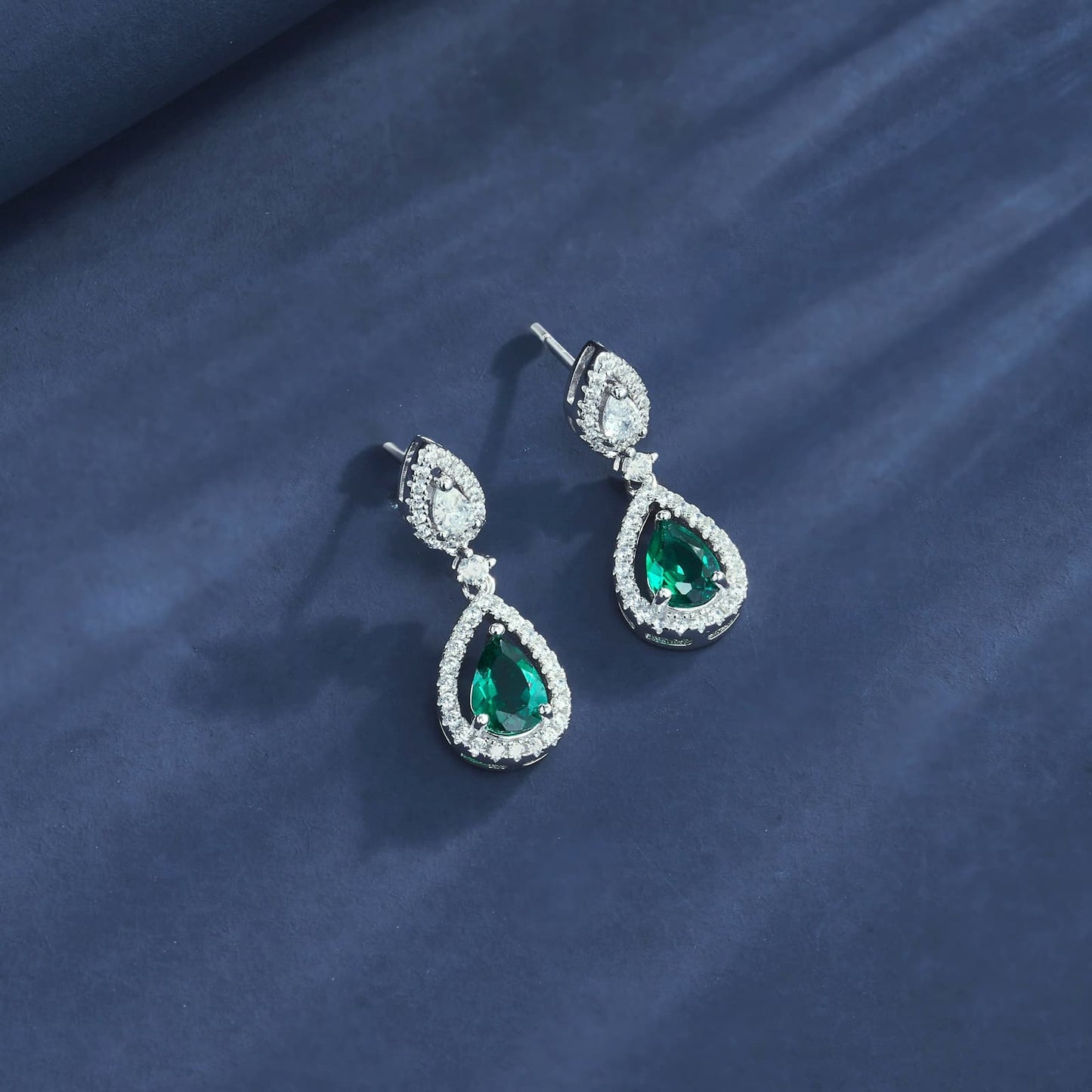 5*7MM 0.85 Ct Pear Shaped Lab Emerald Earrings| Rhodium-Plated S925 Silver, Custom Available