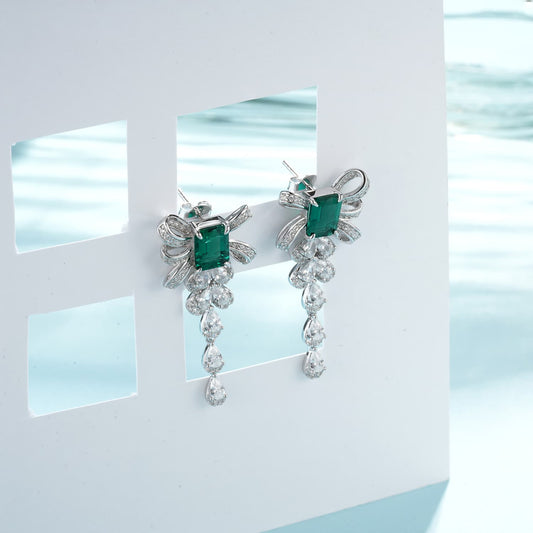 6*8MM 2.28 Ct Rectangle Lab Emerald Earrings| Rhodium-Plated S925 Silver, Custom Available