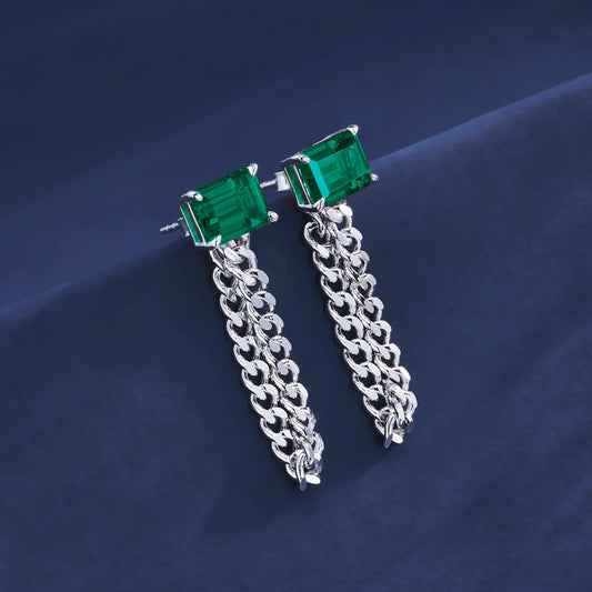 6*8MM Rectangular Lab Emerald Earrings | Rhodium-Plated S925 Silver, Custom Available