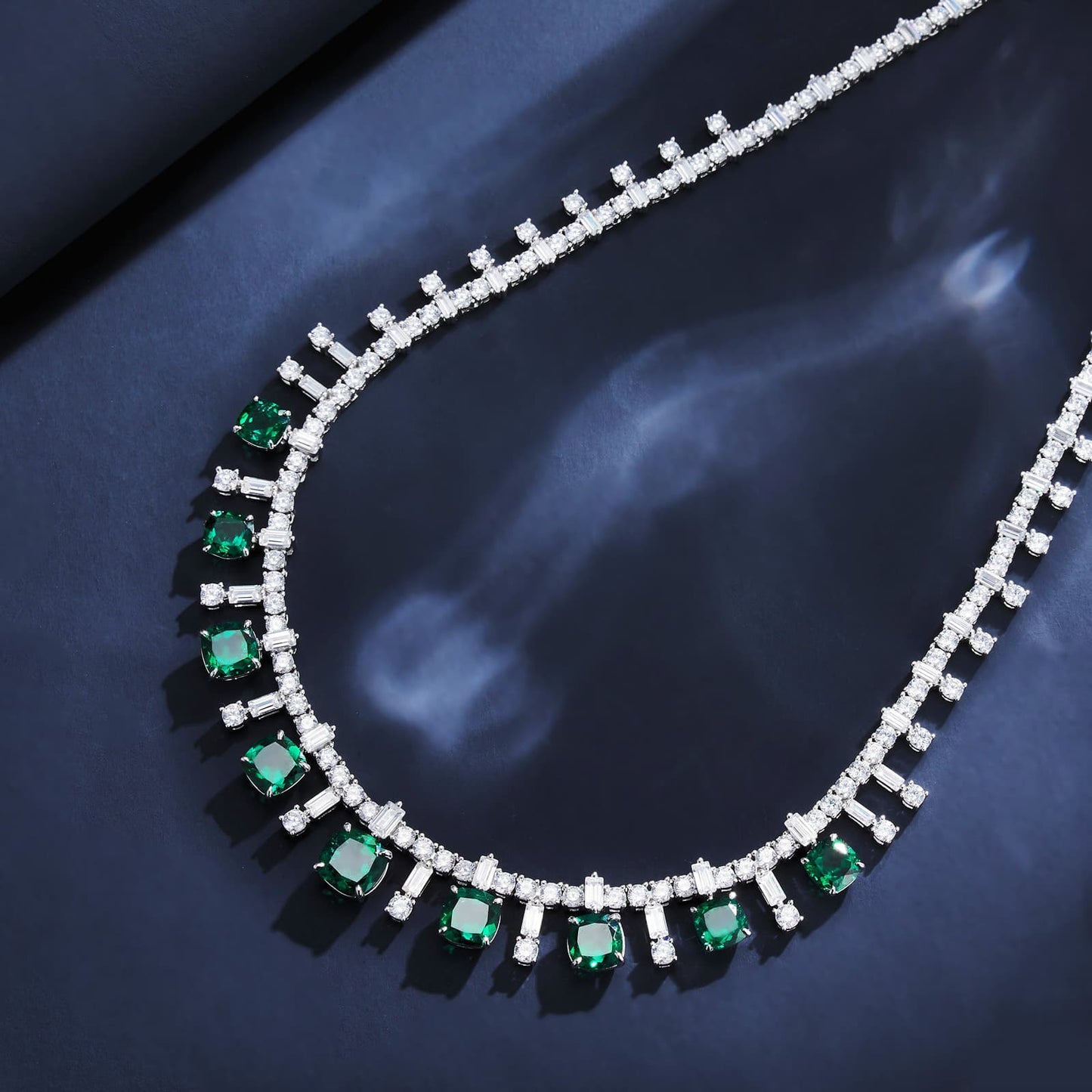 14.95 Ct Emerald cut Lab Emerald Necklace | Rhodium-Plated S925 Silver, Custom Available