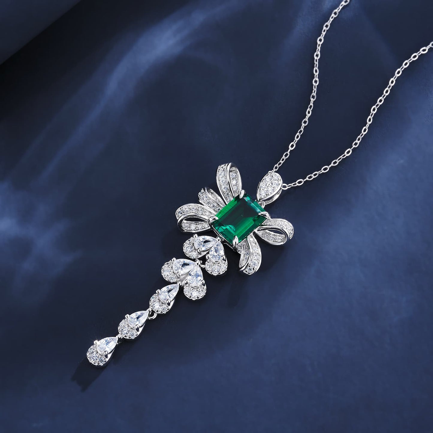 Rectangular Lab Emerald Necklace | Rhodium-Plated S925 Silver, Custom Available