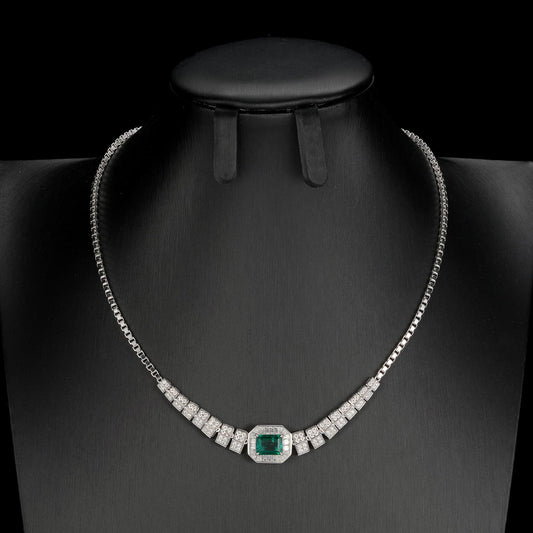 7*9MM 1.53 Ct Rectangular Lab Emerald Necklace | Rhodium-Plated S925 Silver, Custom Available