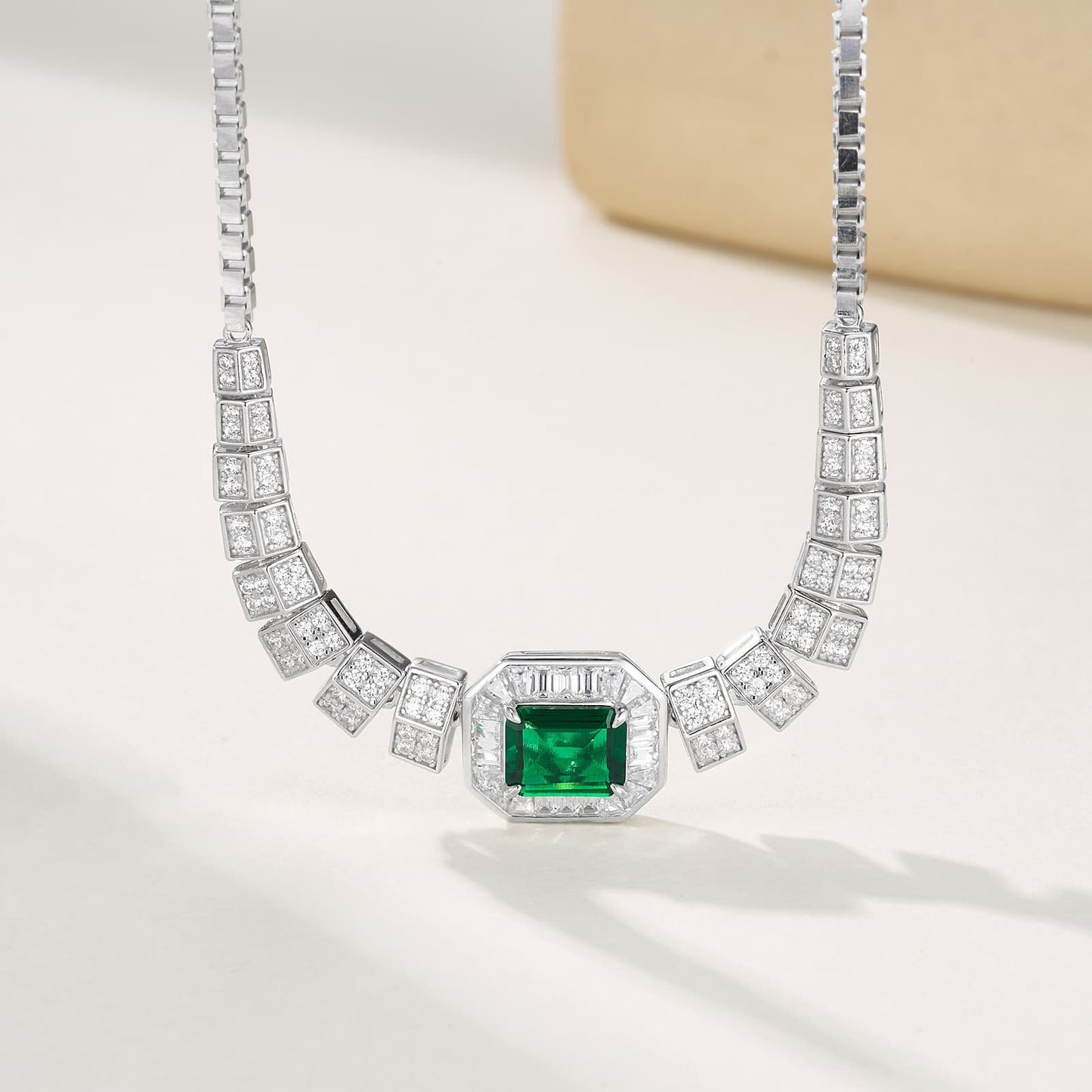 7x9MM 1.53 Ct Rectangle Lab Emerald Necklace | Rhodium-Plated S925 Silver, Custom Available