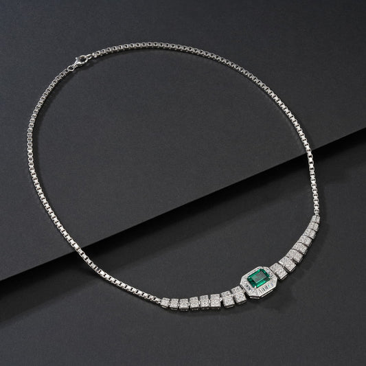 7x9MM 1.53 Ct Rectangle Lab Emerald Necklace | Rhodium-Plated S925 Silver, Custom Available