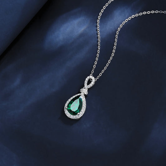 8*12mm 3.2 Ct Pear Shaped Lab Emerald Necklace | Rhodium-Plated S925 Silver, Custom Available