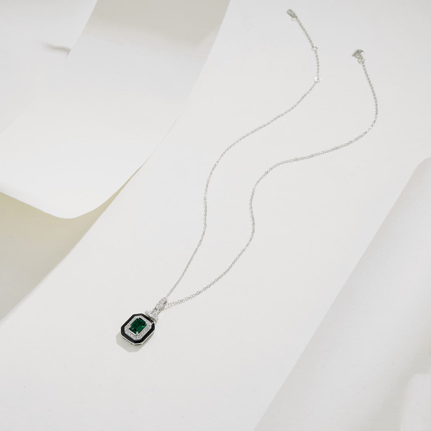 5*7mm 0.8 Ct Rectangular Lab Emerald Necklace | Rhodium-Plated S925 Silver, Custom Available