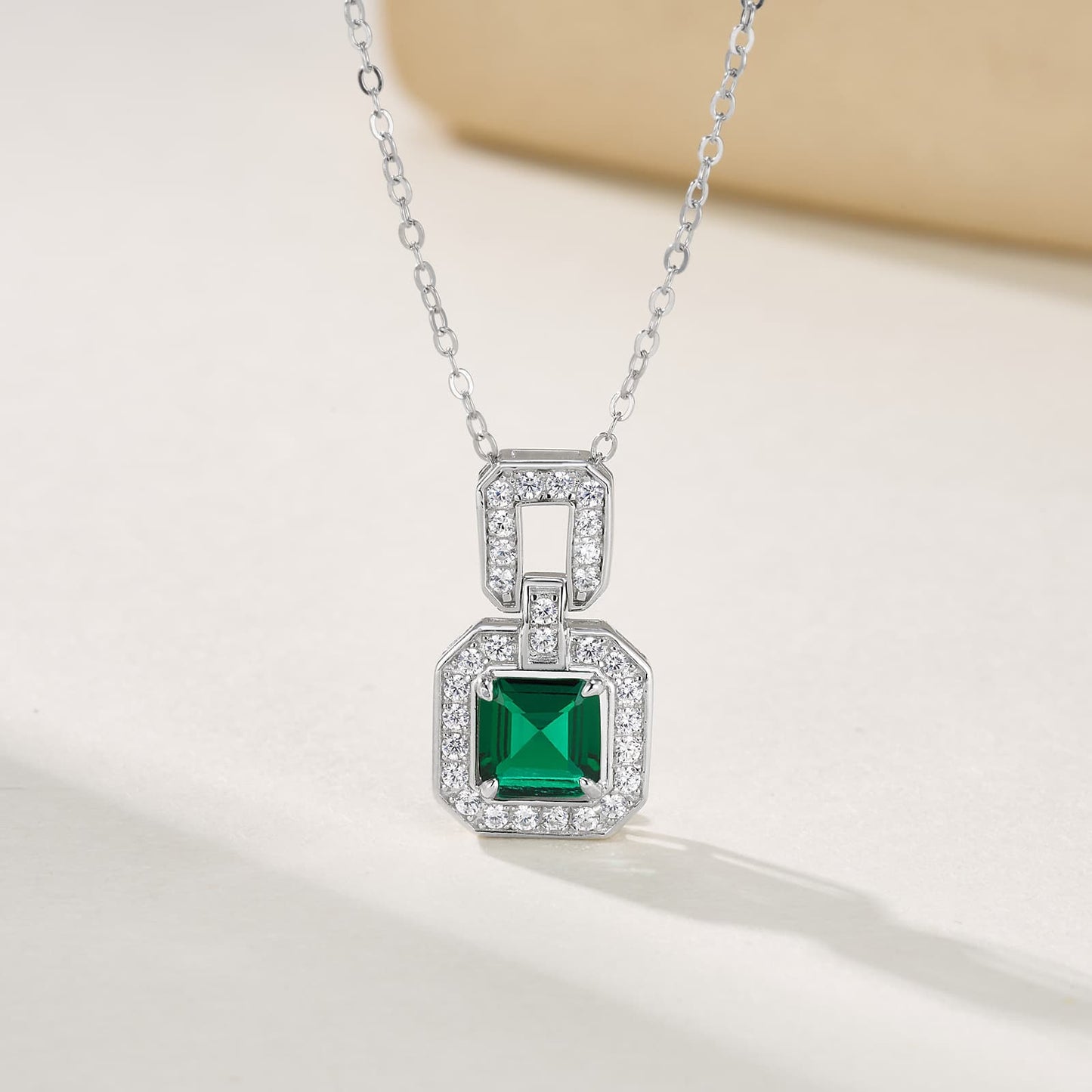 6*6mm 1.1 Ct Square Lab Emerald Necklace | Rhodium-Plated S925 Silver, Custom Available