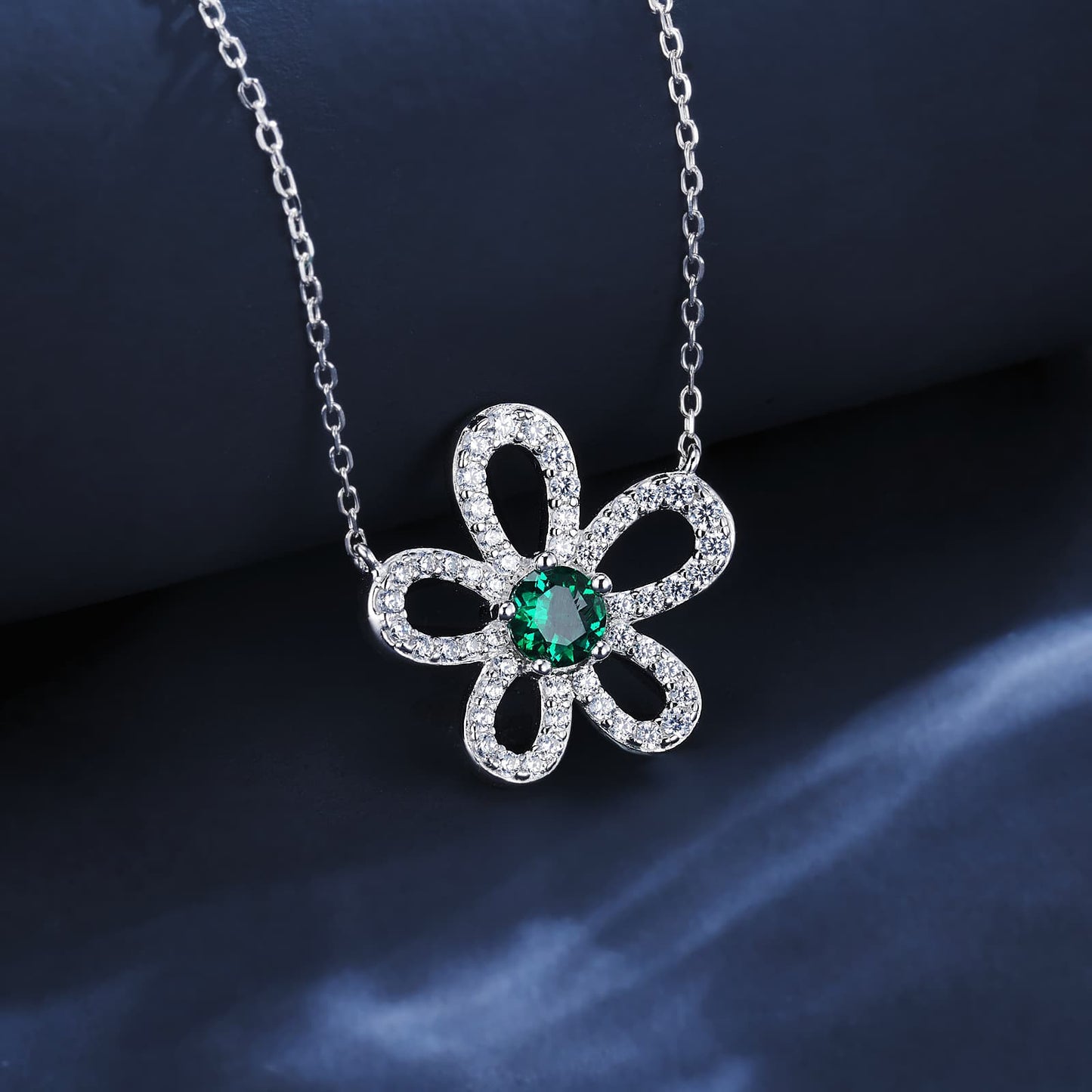 Round Lab Emerald Necklace | Rhodium-Plated S925 Silver, Custom Available