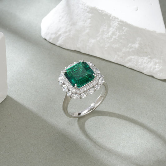3.58 Ct Square Emerald Cut Lab Emerald Ring | Rhodium-Plated S925 Silver, Custom Available