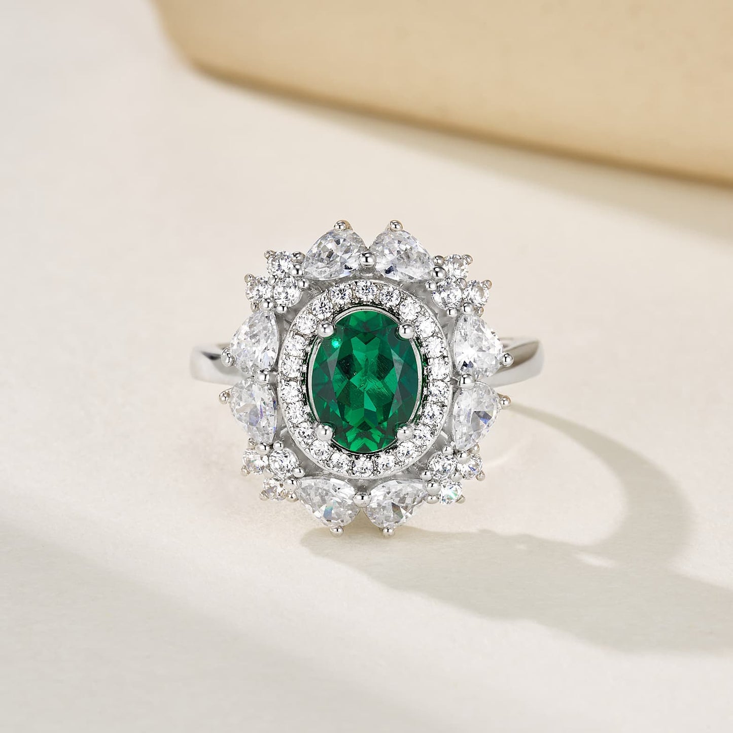 1.05 Ct Oval Lab Emerald Ring | Rhodium-Plated S925 Silver, Custom Available