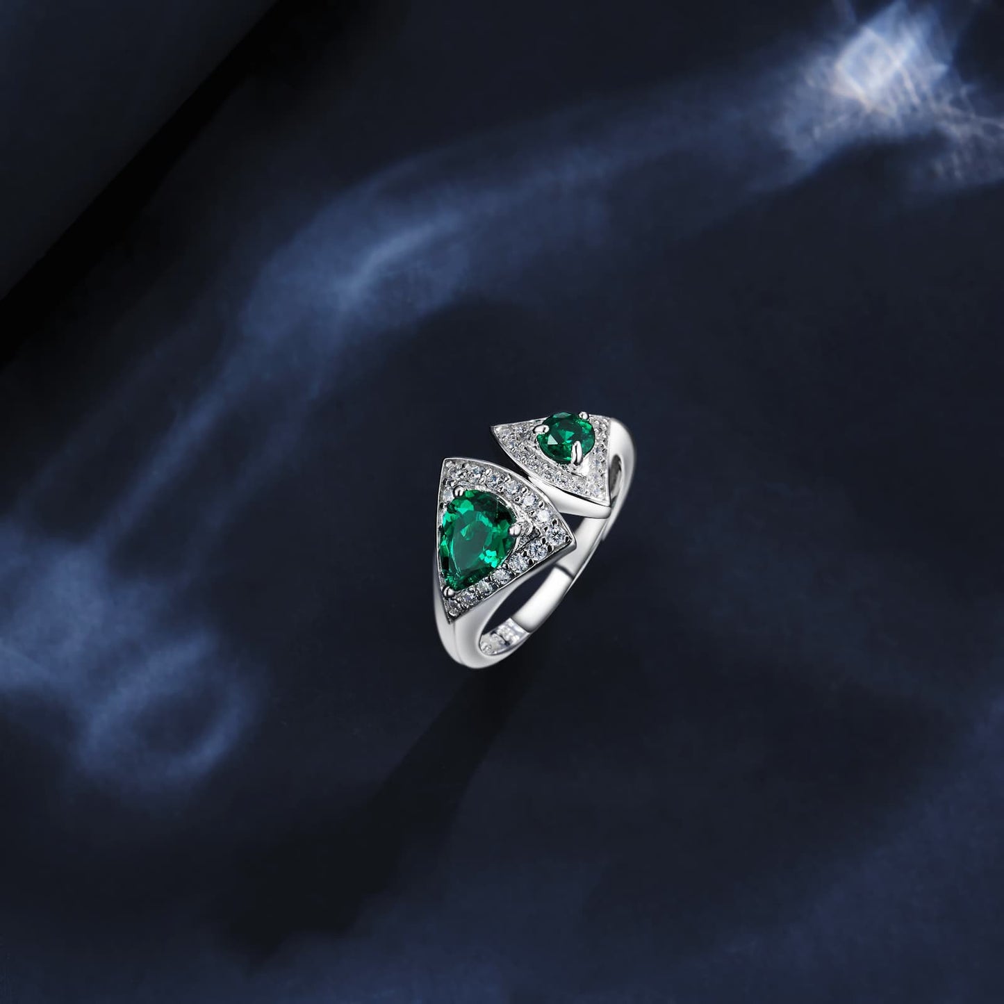5*7mm Pear Shaped and 4*4mm Round Lab Emerald Ring | Rhodium-Plated S925 Silver, Custom Available