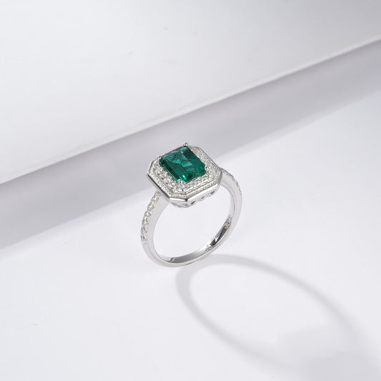 6*8 mm 1.2 Ct Rectangle Lab Emerald Ring | Rhodium-Plated S925 Silver, Custom Available