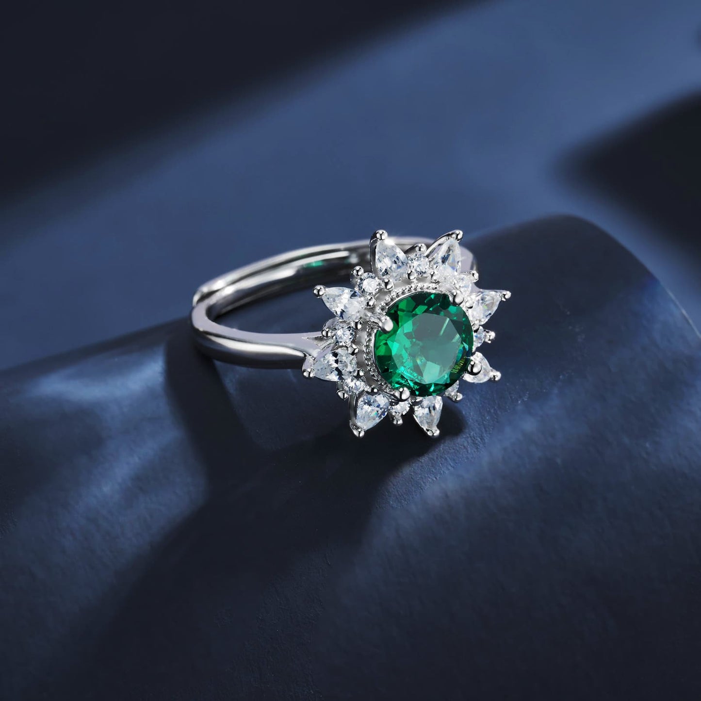 Round Lab Emerald Ring | Rhodium-Plated S925 Silver, Custom Available