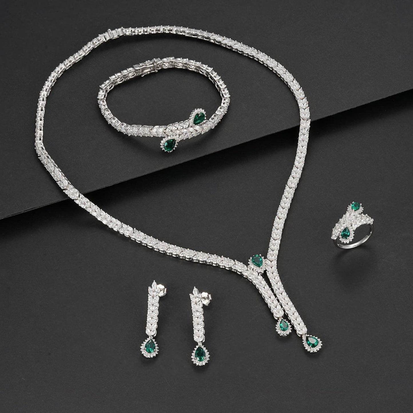 Pear Shaped Lab Emerald S925 Set | Silver Jewelry, Custom Available