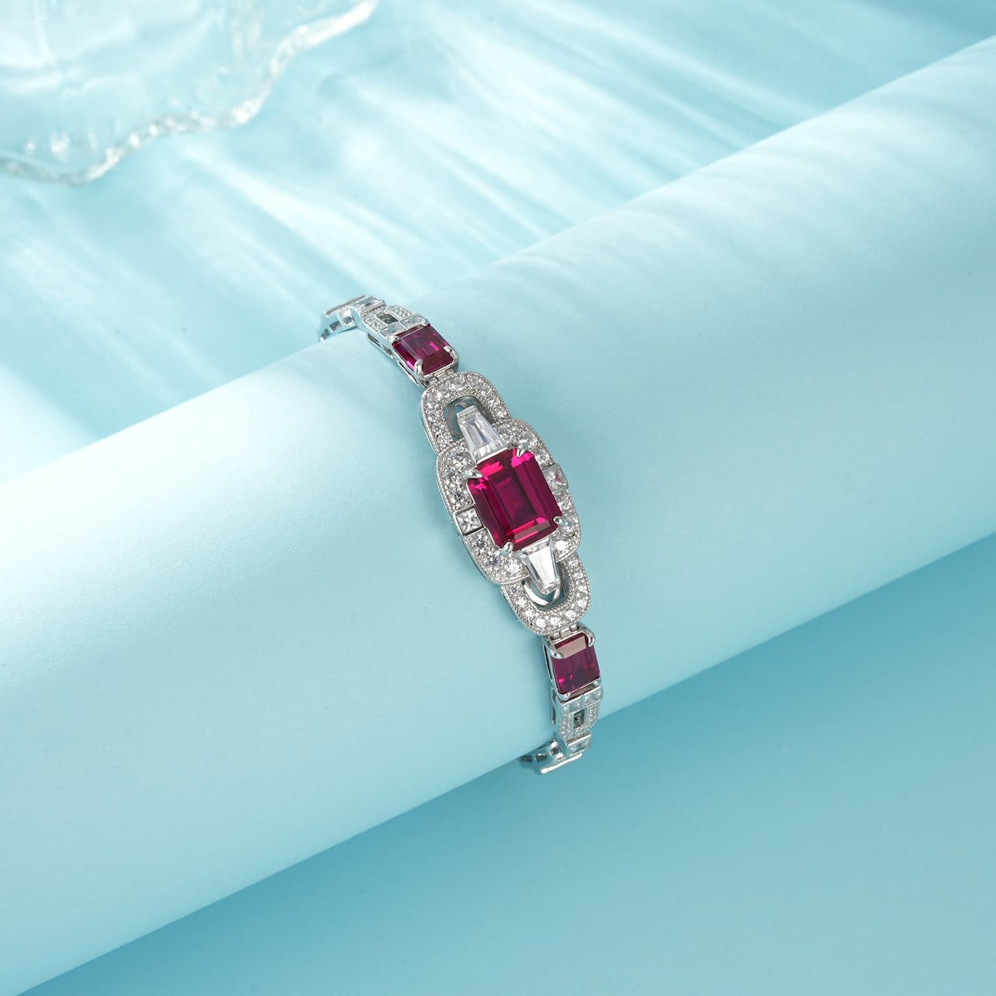Baguette Lab Ruby Bracelet | Rhodium-Plated S925 Silver, Custom Available