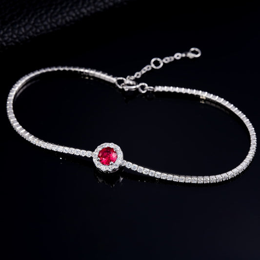 Round Lab Ruby Bracelet | Rhodium-Plated S925 Silver, Custom Available