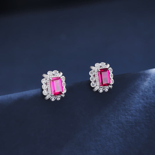 Cushion Lab Ruby Earring | Rhodium-Plated S925 Silver, Custom Available