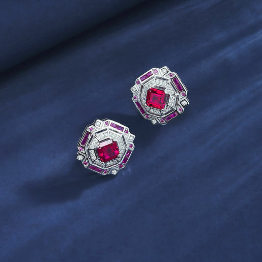 Geometry Lab Ruby Earring | Rhodium-Plated S925 Silver, Custom Available
