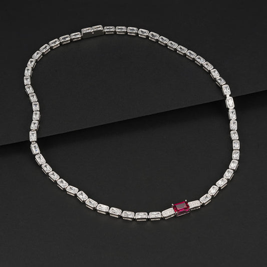Baguette Lab Ruby Necklace | Rhodium-Plated S925 Silver, Custom Available
