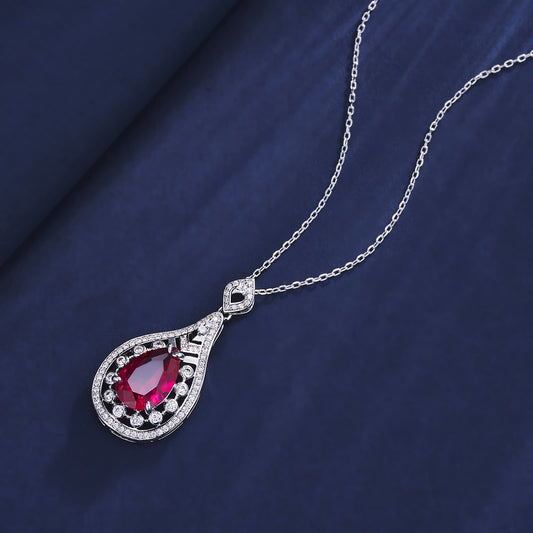 3.42ct Pear Lab Ruby Necklace | Rhodium-Plated S925 Silver, Custom Available