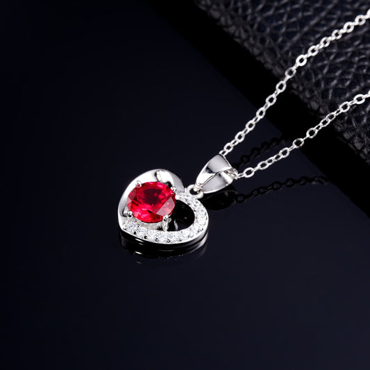 Round Lab Ruby Necklace | Rhodium-Plated S925 Silver, Custom Available