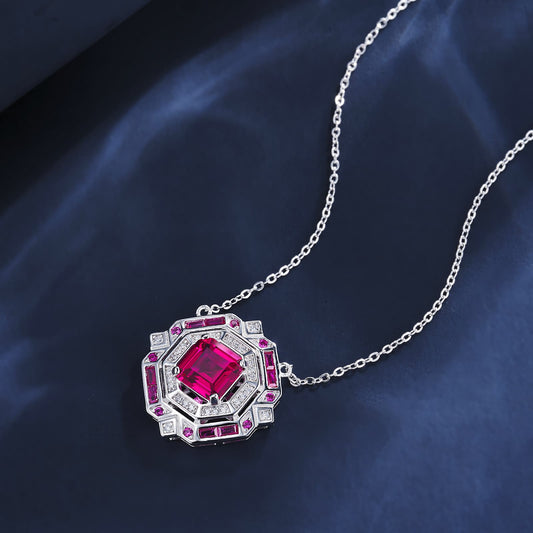 3.18ct Geometry Lab Ruby Necklace | Rhodium-Plated S925 Silver, Custom Available