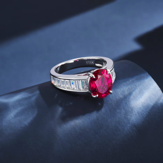 2.5ct Oval Lab Ruby Ring | Rhodium-Plated S925 Silver, Custom Available