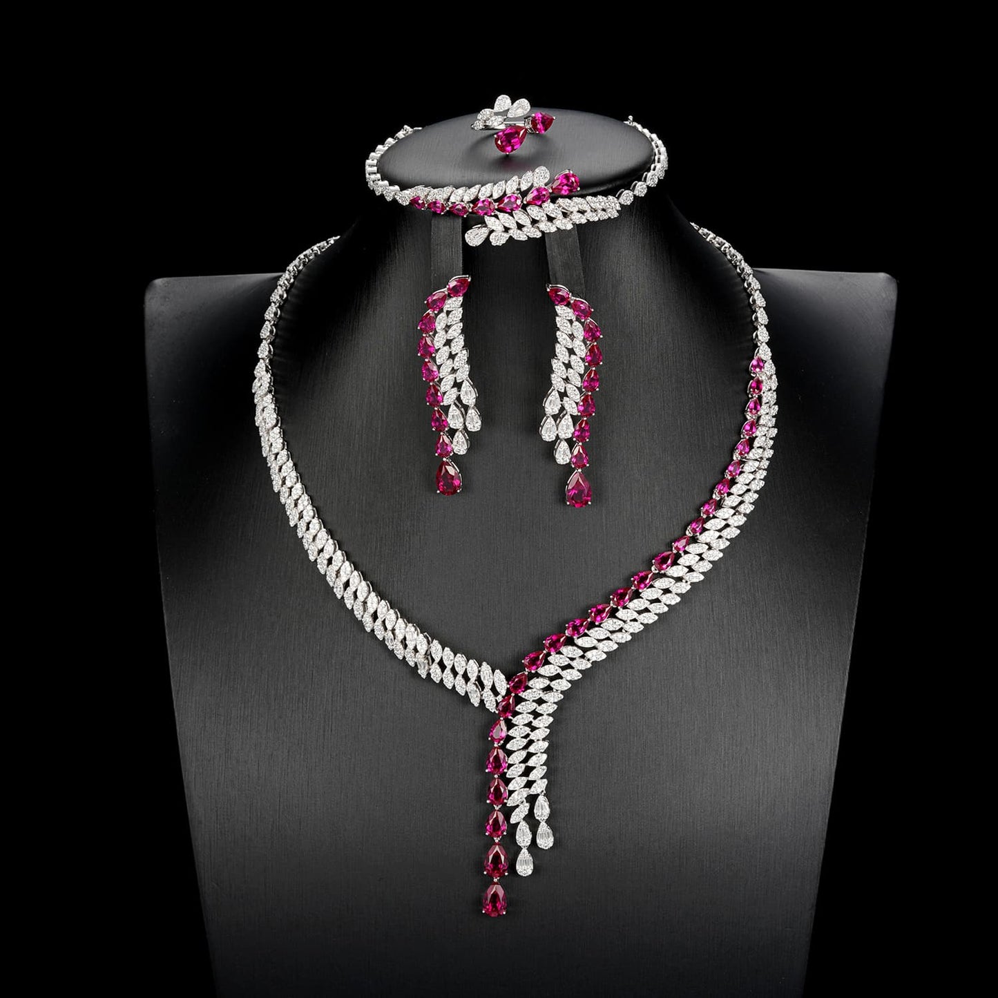 Pear Lab Ruby Jewelry Set | Rhodium-Plated S925 Silver, Custom Available