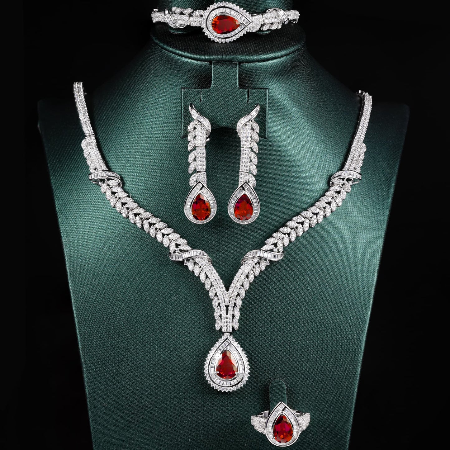 Pear Lab Ruby Jewelry Set | Rhodium-Plated S925 Silver, Custom Available