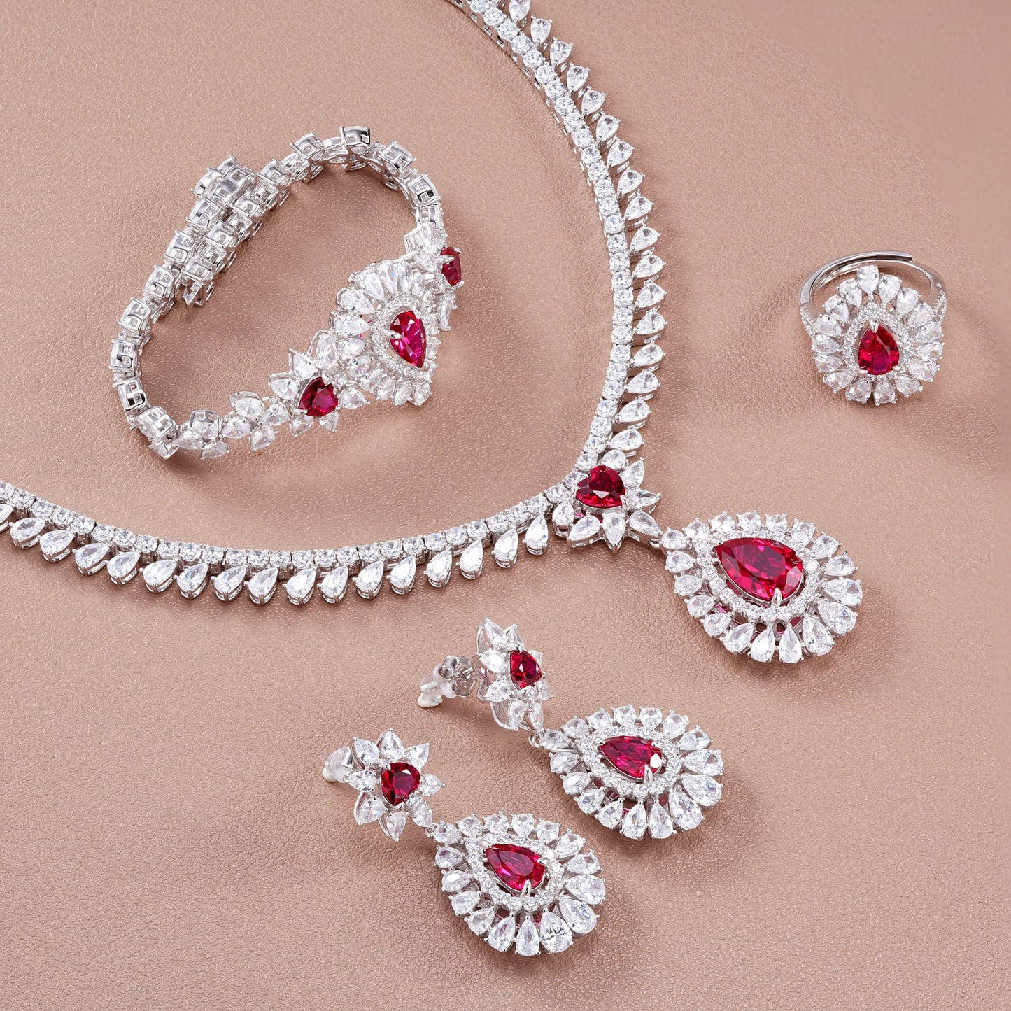 Pear Lab Ruby Jewelry Set | Rhodium-Plated S925 Silver, Custom Available