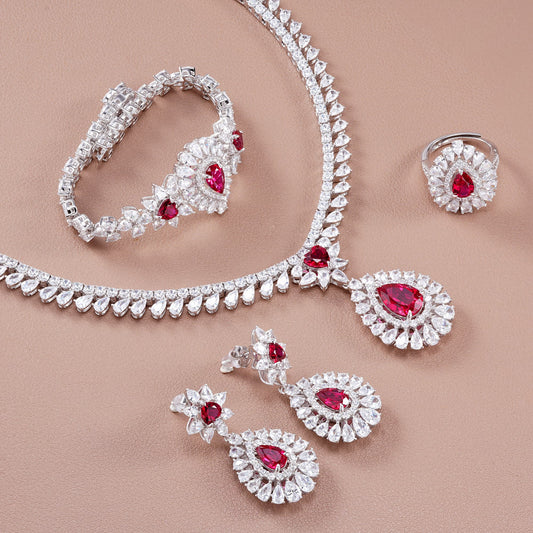 Pear Lab Ruby Jewelry Set | Rhodium-Plated S925 Silver, Custom Available