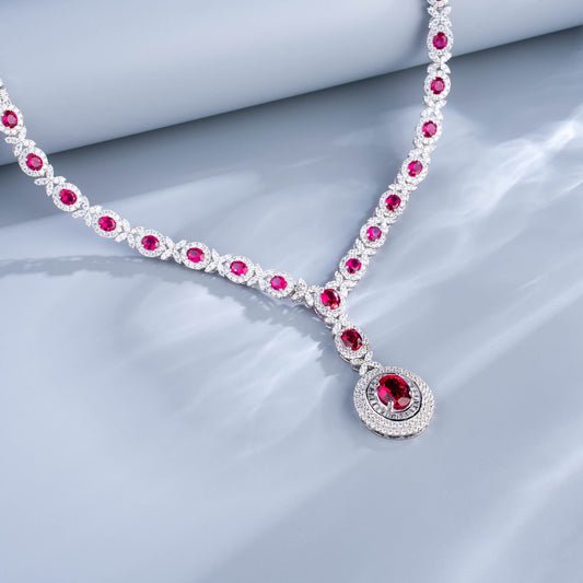 Round Lab Ruby Jewelry Set | Rhodium-Plated S925 Silver, Custom Available