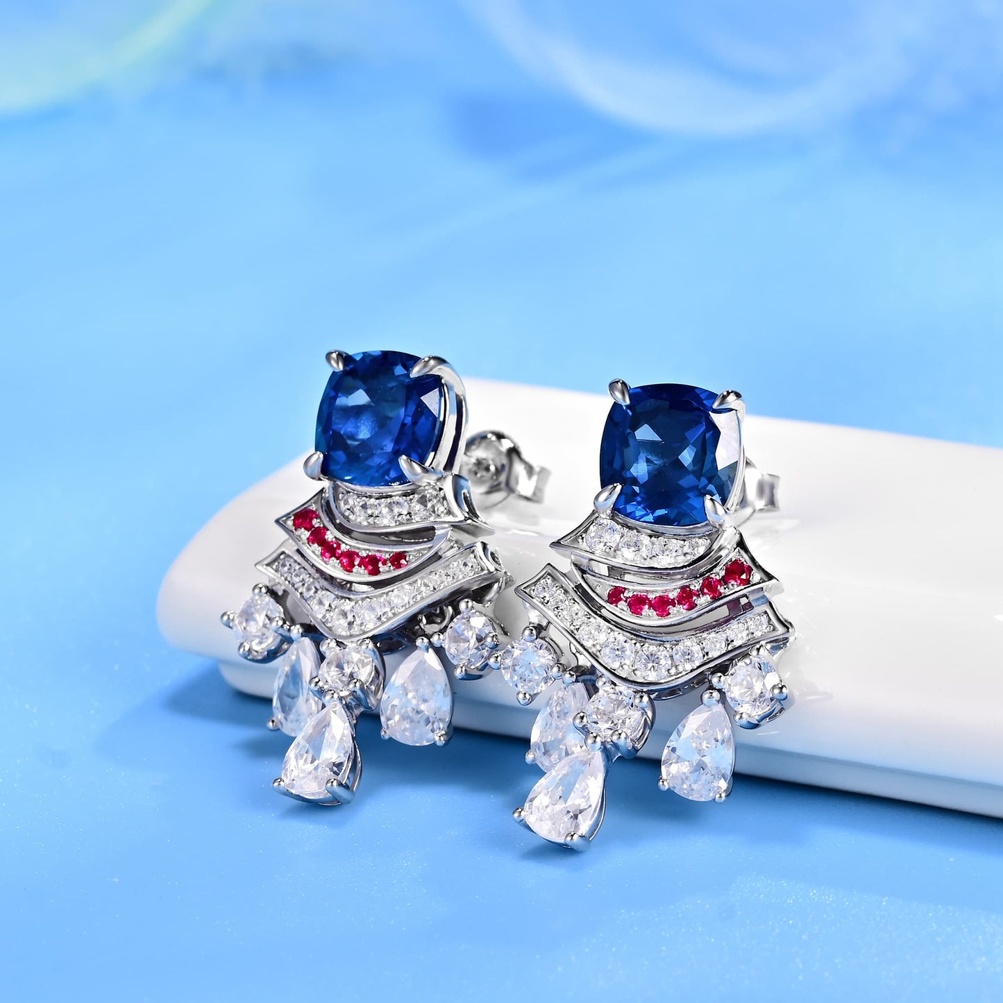 SQ-Shaped Lab Sapphire Earrings | Rhodium-Plated S925 Silver, Custom Available
